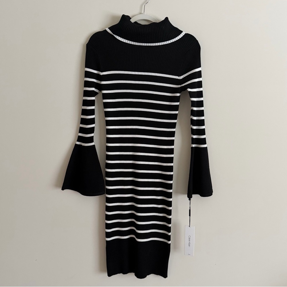 Calvin Klein Striped Turtleneck Sweater Dress Black and White Womens Size S